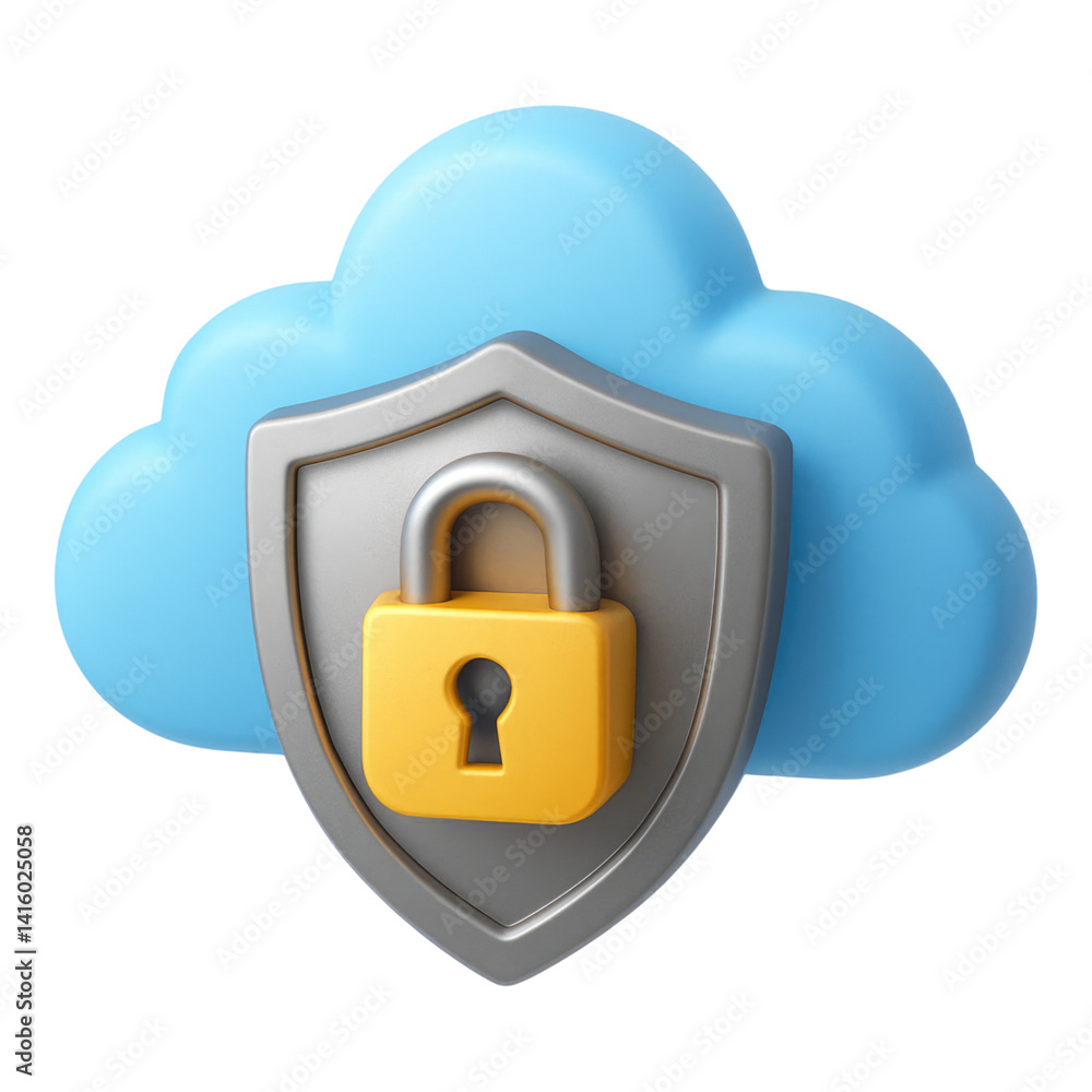 Secure Cloud Data Protection 3D with Shield Padlock Icon Representing Secure Online Storage, isolated on transparent background Secure Cloud Data Protection 3D with Shield Padlock Icon Representing Secure Online Storage, isolated on transparent background