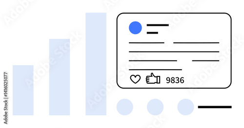 Analytics bar chart alongside a social media post layout with thumbs ups and interactions emphasizes user engagement. Ideal for marketing, branding, data analysis, social media management