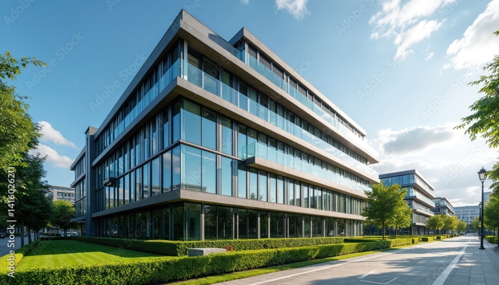 Obraz premium Modern office building reflects corporate investment in real estate. Contemporary architecture, glass facade, represents business, finance, growth, urban development. Clear sky background pro image