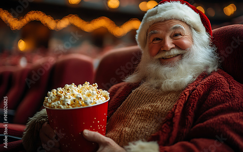 Santa Claus Enjoying Popcorn in a Movie Theater with a Joyful Smile