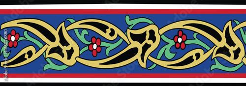 Elegant Seamless Design: A captivating seamless design adorns with intricate arabesque patterns, botanical accents and a vibrant color palette. showcasing a harmonious blend of artistry and tradition.