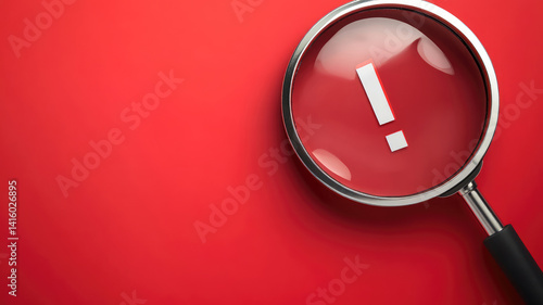 magnifier magnifying exclamation mark on red background. alert and precaution concept. caution and risk management security signal announcement hazard and dangerous notice symbol