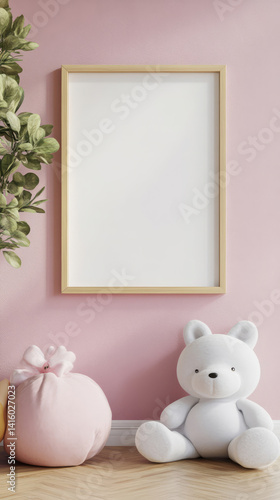 mock up frame in unisex children room interior background, 3d render