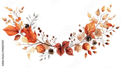 Autumnal watercolor wreath; fall leaves, berries, branches; white background; design element