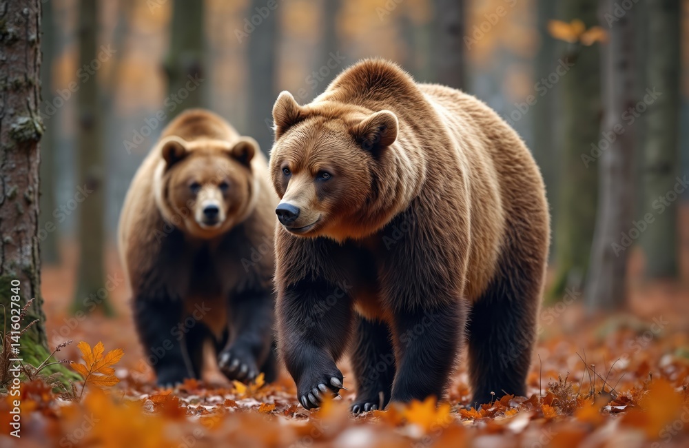 Obraz premium Two brown bears in autumn forest, walking towards. Majestic big mammal in natural habitat. Wild grizzly bears. Forest floor with fallen colorful leaves, trees in background. Autumn season, fall