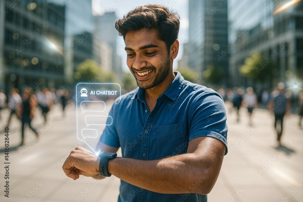 Hispanic young male engaging with ai chatbot on smartwatch in urban setting