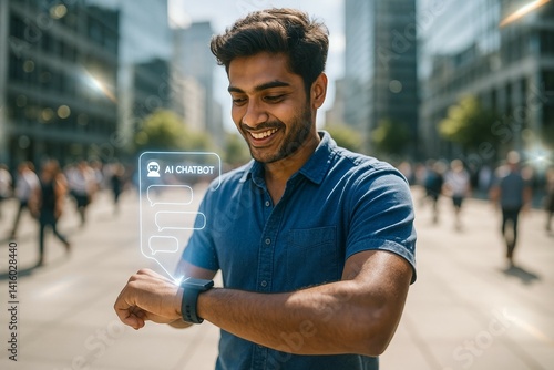 Obraz na płótnie Hispanic young male engaging with ai chatbot on smartwatch in urban setting w salonie