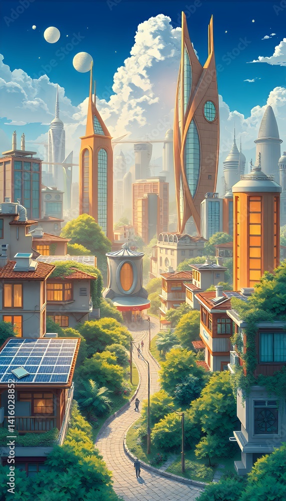 Futuristic Cityscape with Lush Greenery and Modern Architecture
