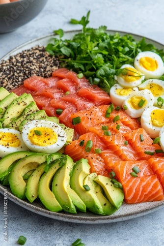 Wallpaper Mural Vibrant salmon platter with creamy avocado, rich eggs, and fresh greens for a nutritious dining experience Torontodigital.ca
