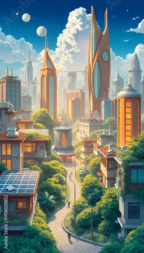 Obraz na płótnie Futuristic Cityscape with Lush Greenery and Modern Architecture w salonie