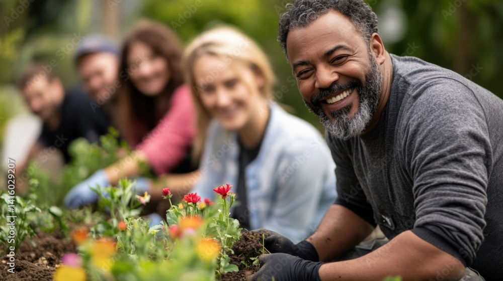 Diverse volunteers collaborating in a community garden, planting vibrant flowers while enjoying teamwork, fostering social bonds and promoting environmental awareness