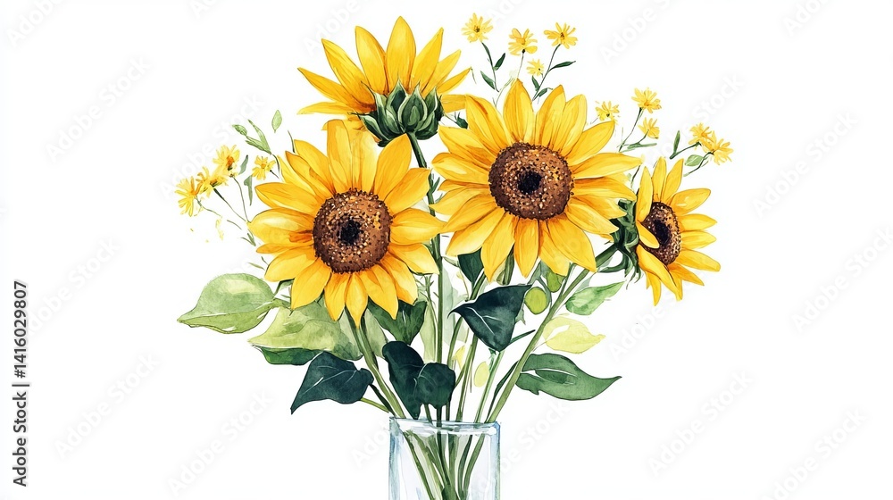 Obraz premium Vibrant Watercolor Sunflowers Bouquet Floral Summer Yellow Design Art Happy Image Decor Plant Nature