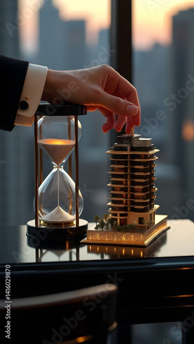 Tuxedo wrist turns platinum-sand hourglass beside gold penthouse model on lacquer table. LED lighting creates stark luxury contrasts.