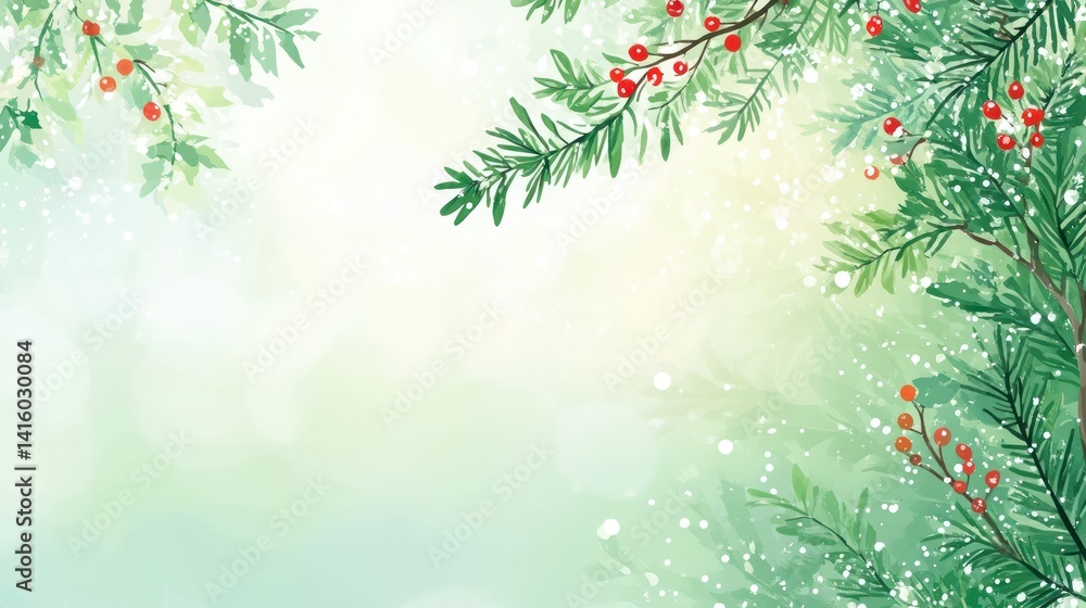 Winter holiday foliage frame, snowy background, greeting card design Winter holiday foliage frame, snowy background, greeting card design