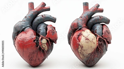 Healthy and diseased human hearts side-by-side.