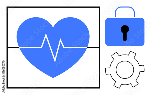 Blue heart with heartbeat line, lock symbol, and gear icon conveying health monitoring, protection, and system control. Ideal for healthcare, technology, safety, apps health policy data security
