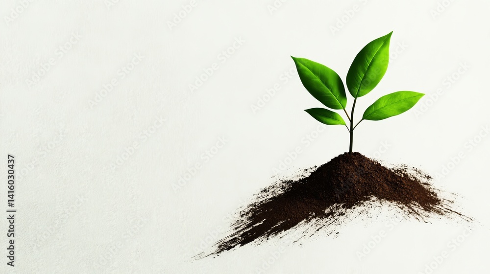 A small plant with green leaves grows out of a pile of dark soil against a plain white background.
