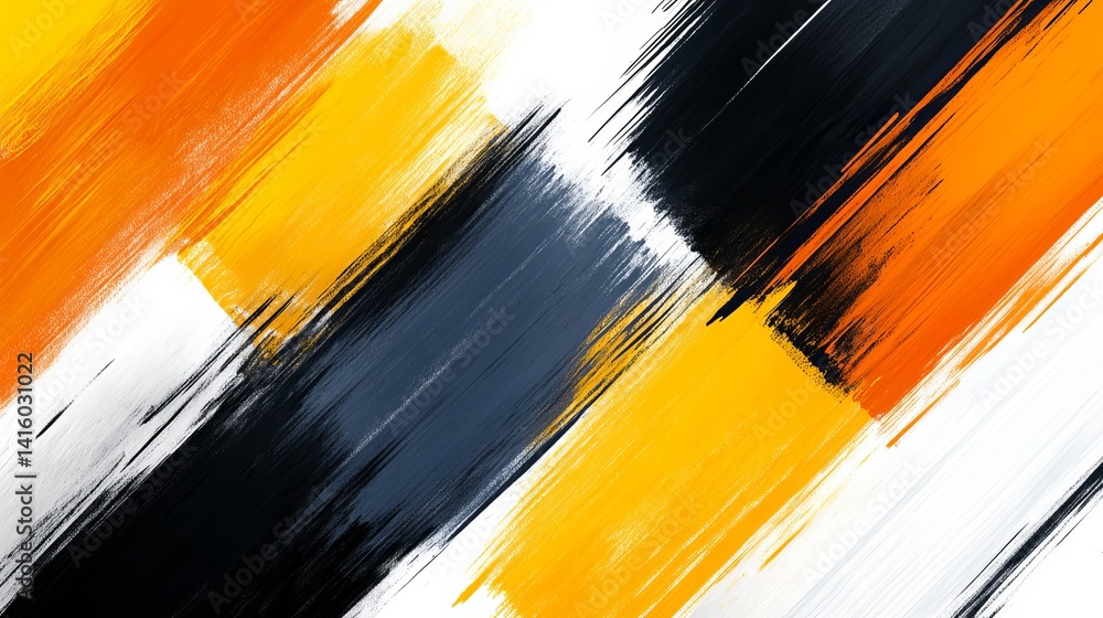 Abstract brushstrokes create a dynamic arrangement of orange, yellow, gray, black, and white colors across the canvas.