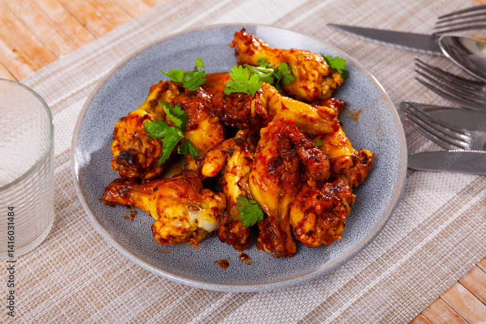 Fototapeta premium Traditional appetizer of American cuisine is baked Buffalo chicken wings, decorated with fresh parsley on top