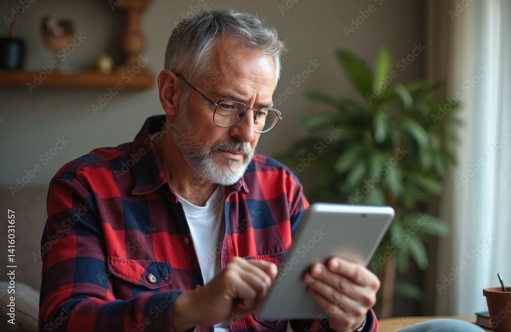 Middle aged man uses tablet indoors at home. Grey haired man with glasses, casual outfit, checks news, working online remotely. Smart, mature male, entrepreneur, telework, work from home, modern Middle aged man uses tablet indoors at home. Grey haired man with glasses, casual outfit, checks news, working online remotely. Smart, mature male, entrepreneur, telework, work from home, modern