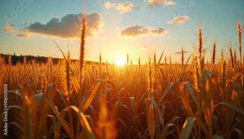 Fototapeta Naklejka Na Ścianę i Meble -  Golden sunrise over wheat field. Sun illuminates mature grain crop with warm light. Agriculture farm landscape at sunset, rural scenery. Harvest, nature, scenic, agriculture background.