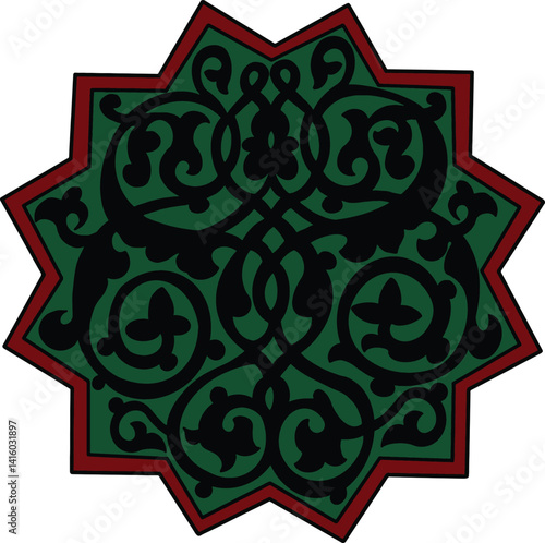 Geometric Star Pattern Design: A stunning geometric star pattern, with intricate arabesque lines, showcasing a complex interwoven design with balanced symmetry.