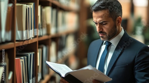 A diplomat dressed in formal attire leans slightly forward reading a policy brief with a furrowed brow that indicates deep concentration. The blurred office environment behind them