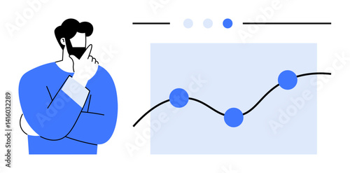 Man in thoughtful pose examining a line graph with connected data points. Ideal for analytics, data trends, problem-solving, decision-making, business strategy, market research, simple landing page