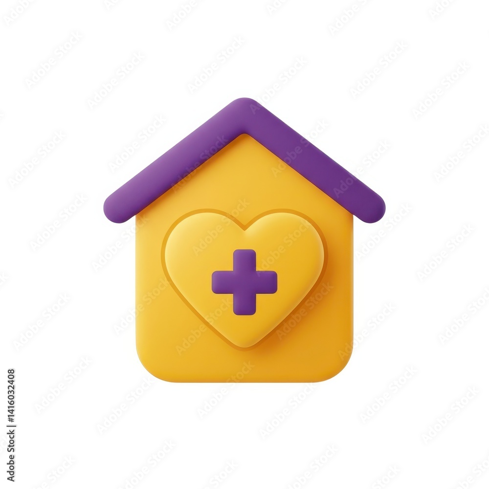 Fototapeta premium 3D medical house icon with heart and cross, yellow and purple hospital building symbol, healthcare home care concept illustration