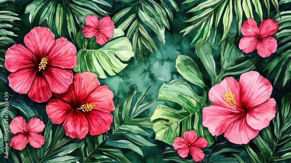 Naklejka premium Vibrant Watercolor Hibiscus and Tropical Leaves Background