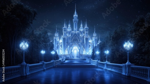 Enchanted blue castle night scene digital painting fantasy artwork