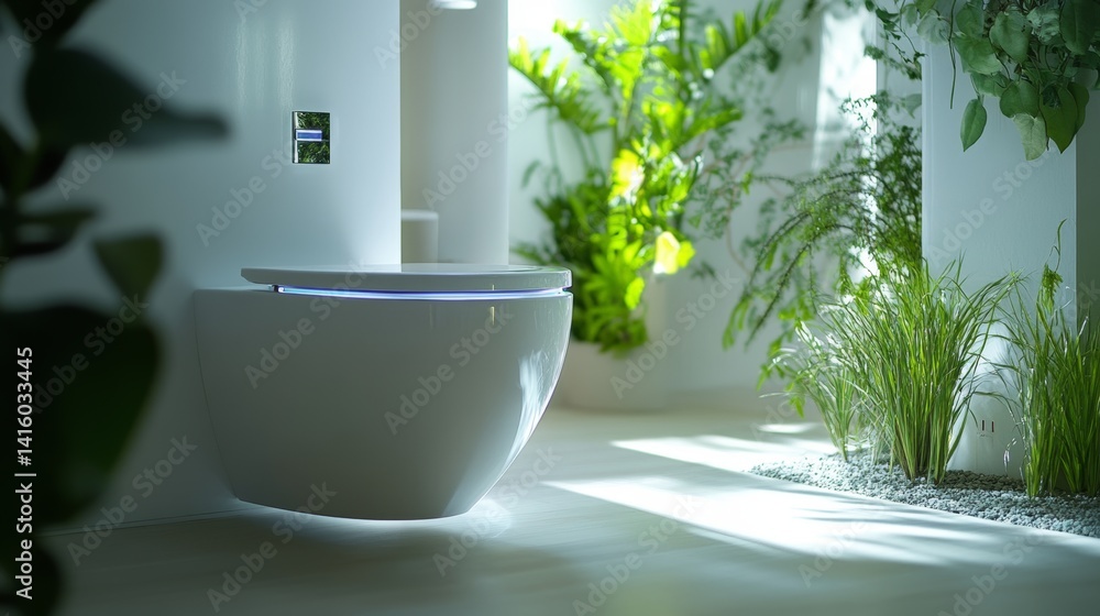 Fototapeta premium Revitalizing modern bathroom design with sleek toilet and natural elements for tranquility and eco-friendliness