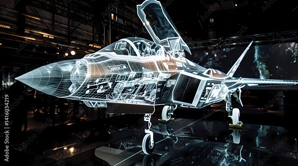 A holographic projection of an fighter jet was projected on the sky, Generative AI illustrations.