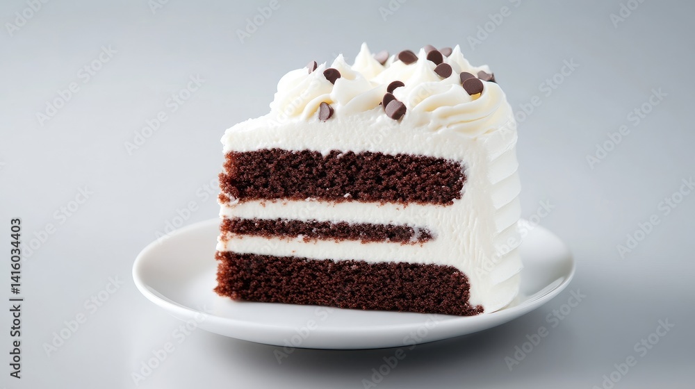 Chocolate cake slice with whipped cream frosting Chocolate cake slice with whipped cream frosting