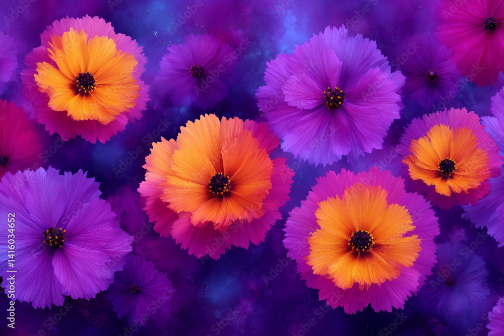 Orange and purple cosmos flowers floating on cosmic violet background