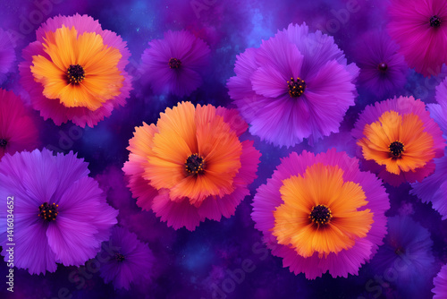 Obraz na płótnie Orange and purple cosmos flowers floating on cosmic violet background w salonie