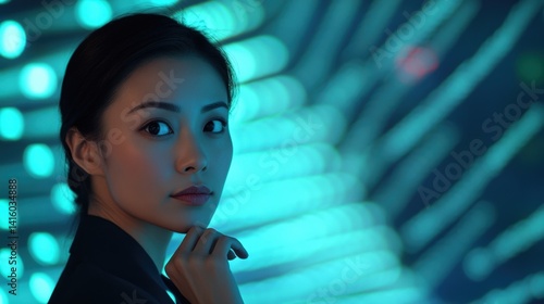 The diplomat leans slightly forward chin in hand revealing a look of intense concentration. Behind them a cascade of blue and green light blurs into gentle waves suggesting a dynamic