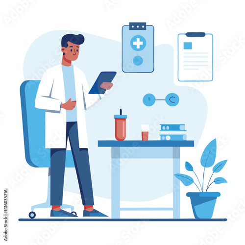 
Doctor Reviewing Digital Documents on Tablet – Modern Clinic Vector Illustration