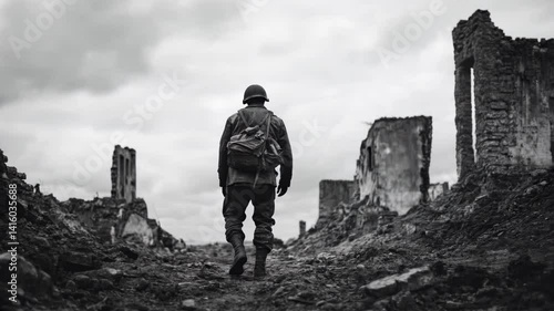 Soldier walks through ruins