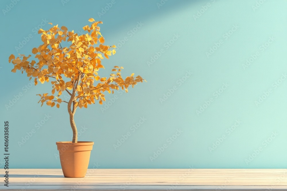 Golden foliage plant in a terracotta pot against a light teal wall. Golden foliage plant in a terracotta pot against a light teal wall.