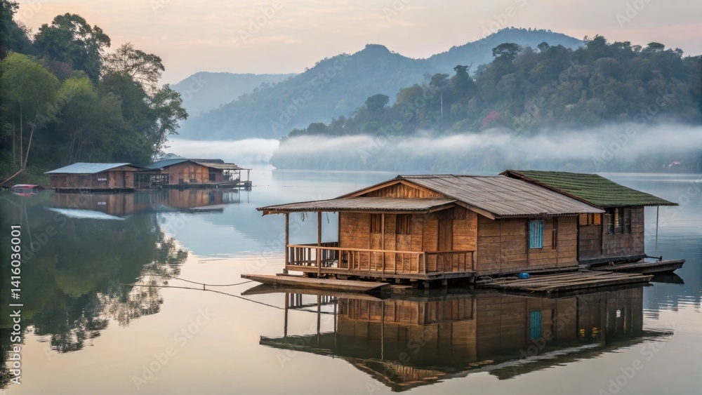 Naklejka premium Serene floating houses on a tranquil lake surrounded by mountains.