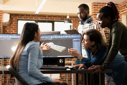 Male and female creative professionals brainstorming ideas to enhance a 3D scene on computer. Multiethnic digital artists working together to optimize mesh details using specialized CAD software.
