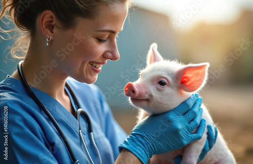 Female vet in scrubs with piglet. Smiling doctor holds piglet on farm. Veterinarian checks piglet health. Animal healthcare. Agriculture, livestock, livestock health, farm animal care.