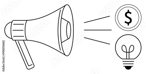 Megaphone projecting dollar sign and light bulb, symbolizing communication, innovation, success, and marketing. Ideal for business, startups, branding, influence advertising and ideas a flat simple