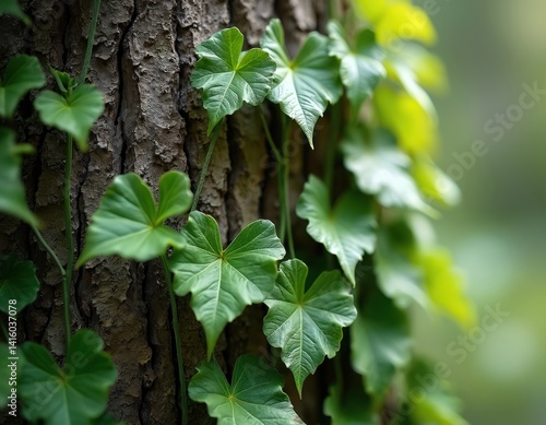 Wallpaper Mural Close-up of poison ivy vine on tree bark. Vibrant green leaves contrast with rough brown texture. Nature plant, growing in the forest. Botanical details, organic, healthy nature. Torontodigital.ca