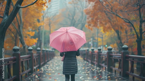 Wallpaper Mural A beautiful woman carrying a pink umbrella was walking on the bridge towards me, with soft rain falling down, Generative AI illustrations. Torontodigital.ca