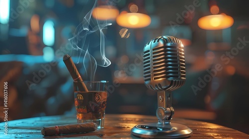 A microphone on a wooden table with a whiskeyglas and a cigar next to it, blurry background , Generative AI illustrations.