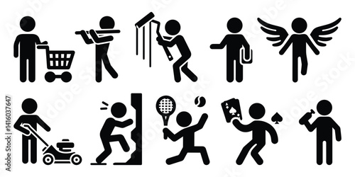 set of man icons, various poses and movements, silhouette figure stick, human pictogram, people symbol	
