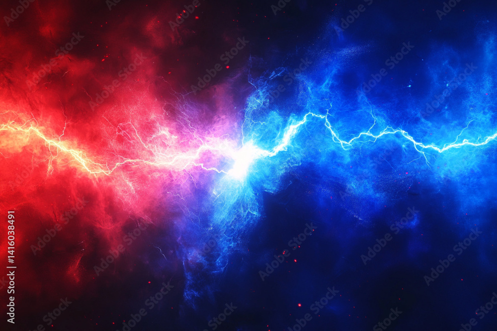 Lightning collision red and blue background, versus banner. Powerful colored lightning and the flash from the collision. Confrontation concept Lightning collision red and blue background, versus banner. Powerful colored lightning and the flash from the collision. Confrontation concept