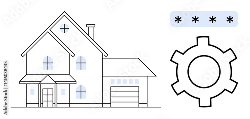 Modern house paired with access settings gear and security password elements. Ideal for technology, innovation, smart living, security, home automation, user interface, simple landing page